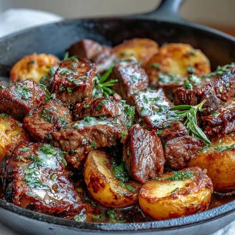 Sizzling steak bites and golden crispy potatoes tossed in a garlic butter sauce in a hot skillet.