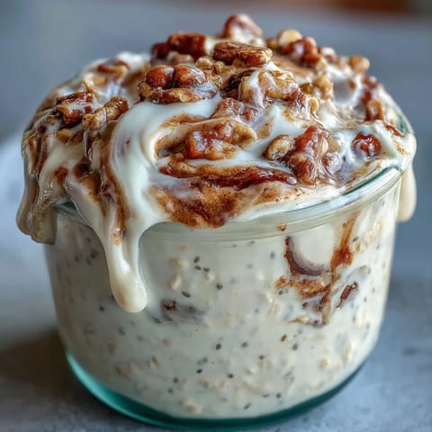 Creamy High-Protein Cinnamon Roll Overnight Oats topped with a luscious drizzle, prepped in jars for a grab-and-go morning breakfast.