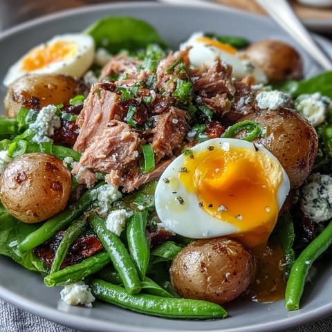 Spring Niçoise Salad with tuna, soft-boiled eggs, green beans, and potatoes on a bed of greens, drizzled with tangy Dijon vinaigrette.