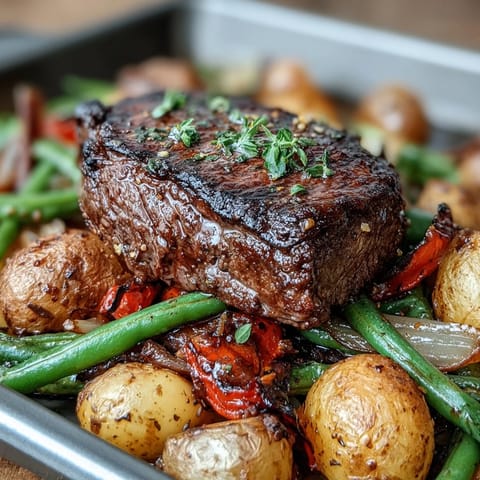 Sheet pan dinner with tender steak, crispy potatoes, and vibrant roasted vegetables.