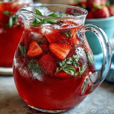 Vibrant Strawberry Basil Lemonade Pitcher ready for festive party servings.