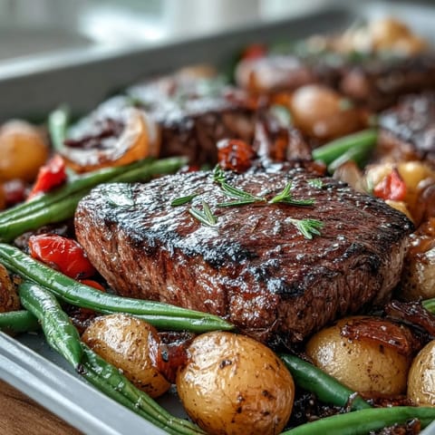 Juicy Father's Day Steak and Potato Sheet Pan Dinner, perfectly roasted.
