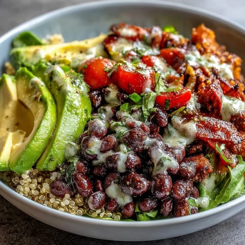 Vibrant plant-based taco bowl overflowing with seasoned black beans and fresh toppings.