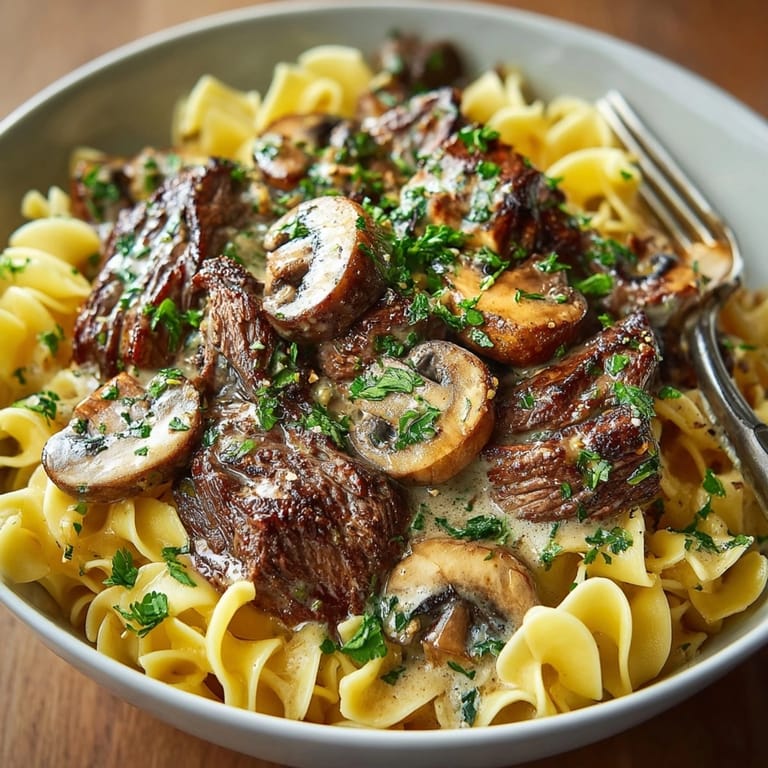 Rich beef stroganoff recipe, cooked low and slow, spooned over wide noodles.