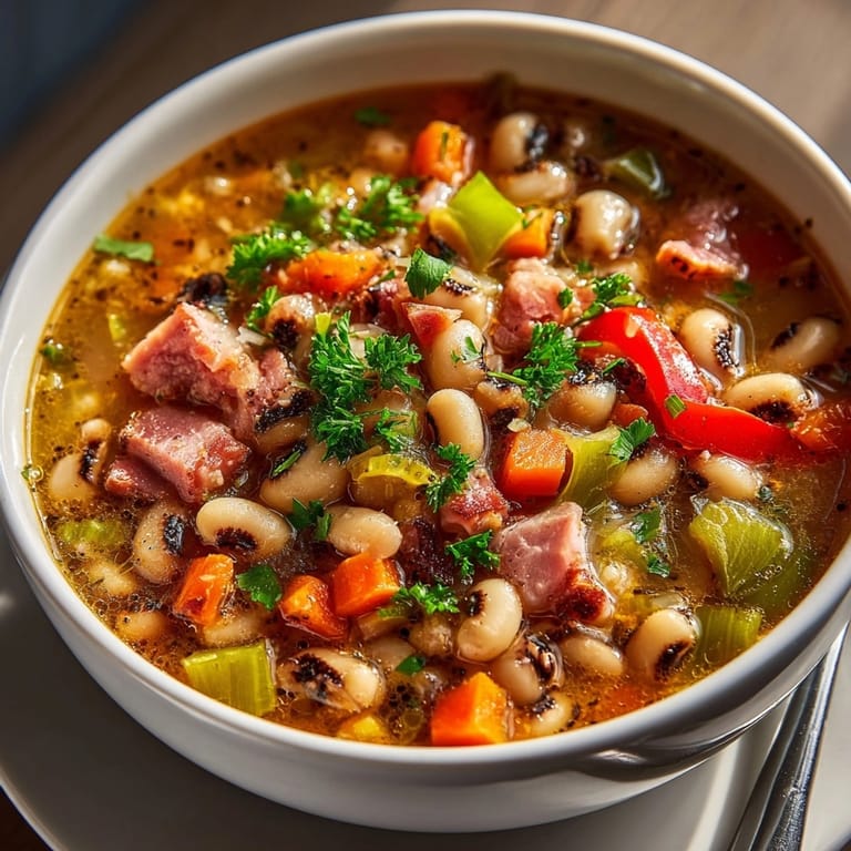Warm, inviting bowl of lucky Black-Eyed Pea Stew, perfect for New Year's Day.