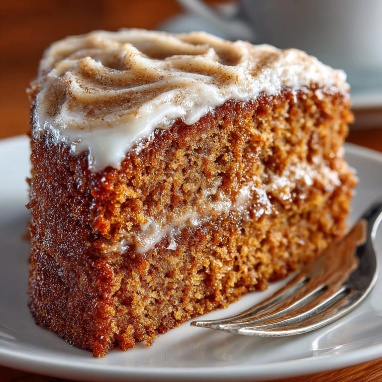 A slice of moist Applesauce Spice Cake, frosted with swirls of brown sugar sweetness.