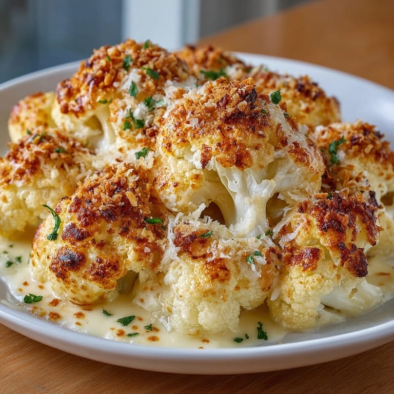 Close-up of Cheesy Cauliflower Gratin, showing the golden, crispy topping and creamy sauce.