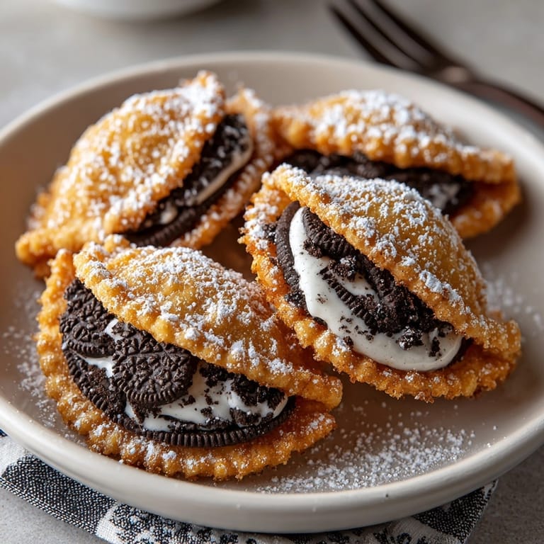 Warm, gooey Air Fryer Oreos with sweet cream filling melting; served hot.