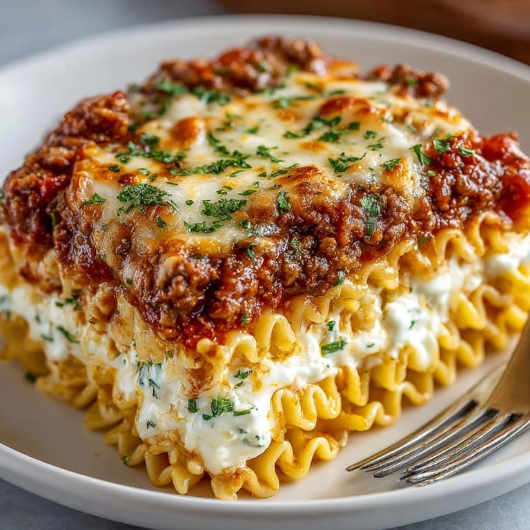 Close-up of cheesy Ramen Lasagna layers: noodles mingling with rich meat sauce.