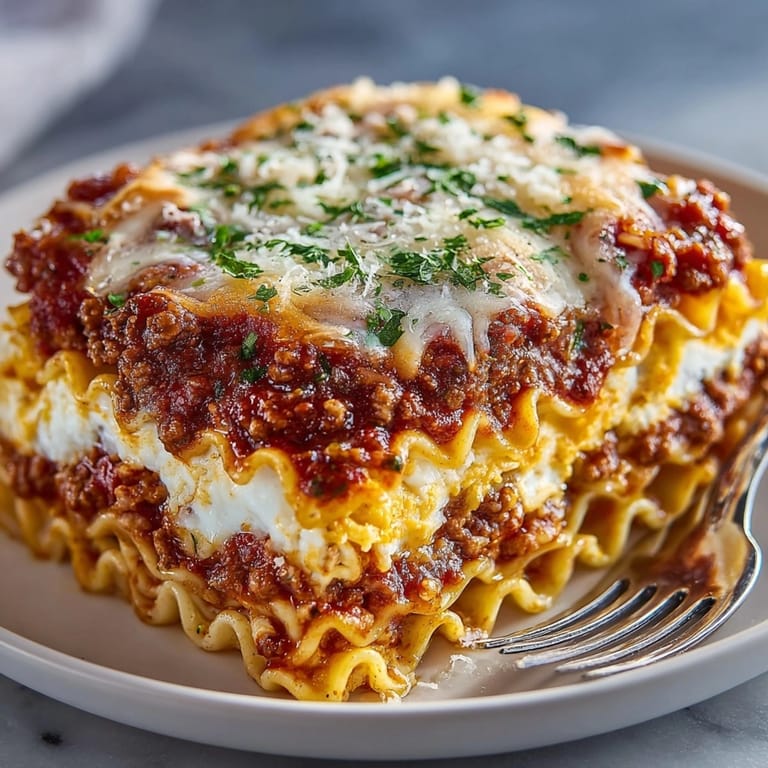 A slice of steaming Ramen Lasagna revealing the creamy ricotta and meaty flavors.