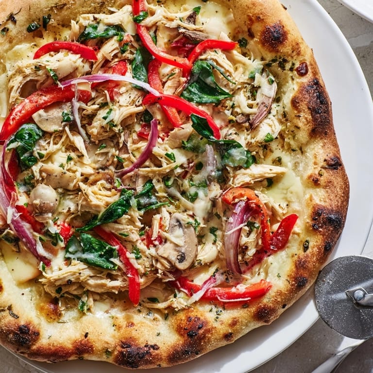 Homemade Alfredo Chicken Veggie Pizza: Enjoy a slice of this warm, savory pizza tonight!