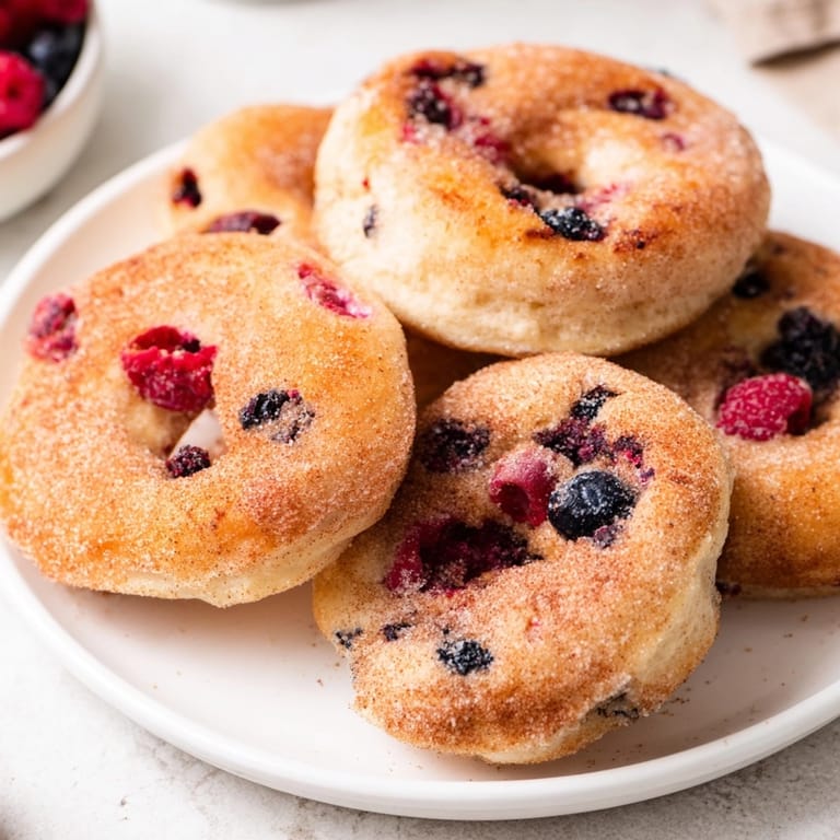Golden-brown Protein Cinnamon Berry Doughnuts, baked till soft, bursting with juicy berries and spice.