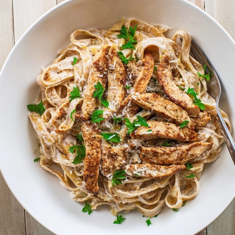 Delicious Cajun Spiced Turkey Alfredo ready to serve, a comforting, spicy pasta.