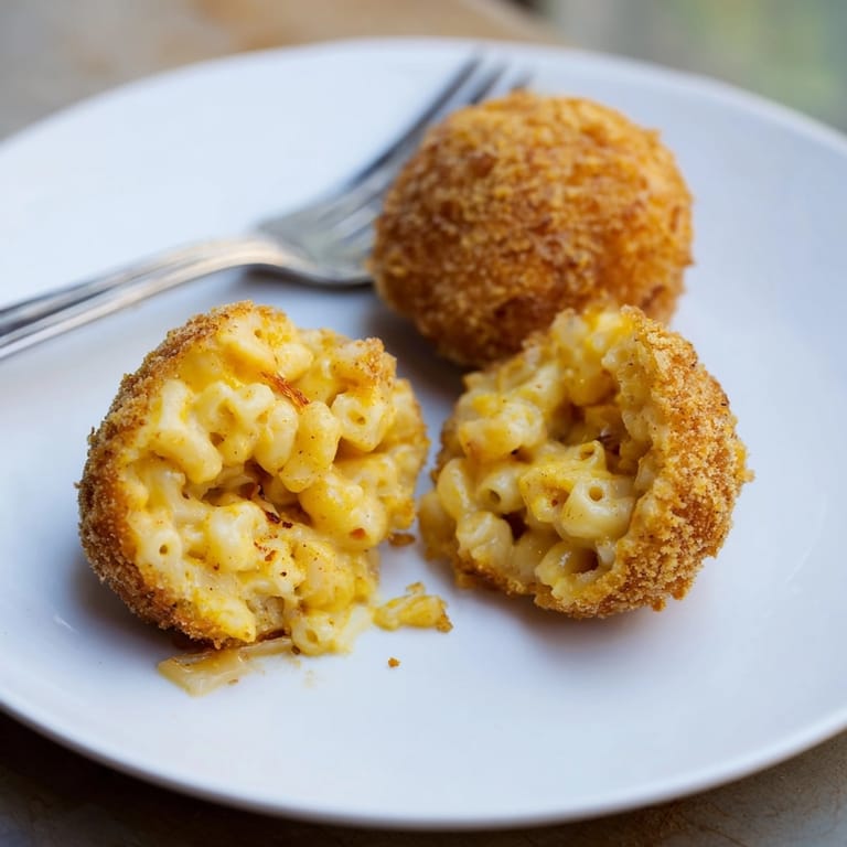 Close-up of crunchy Mac and Cheese Stuffed Onion Rings, ready for marinara dipping.
