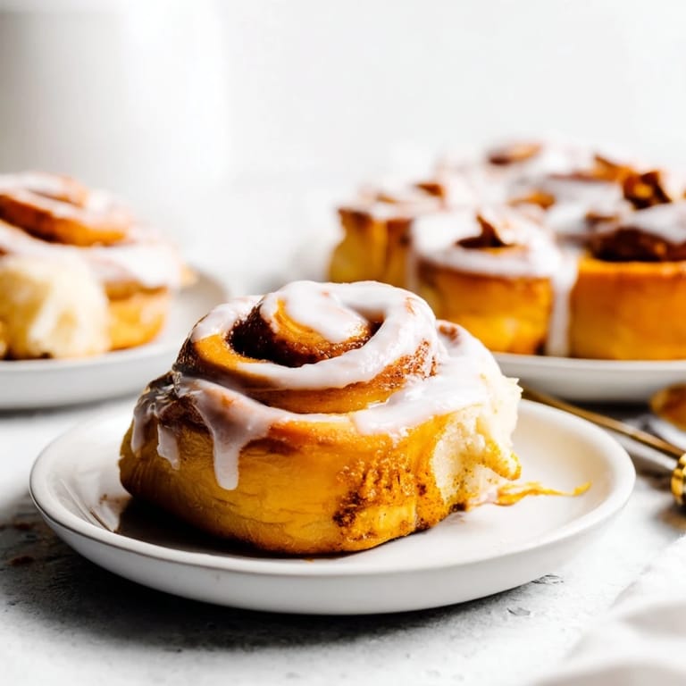 Decadent Thanksgiving Sweet Potato Cinnamon Roll Dessert glistening with cream cheese glaze, inviting and festive.