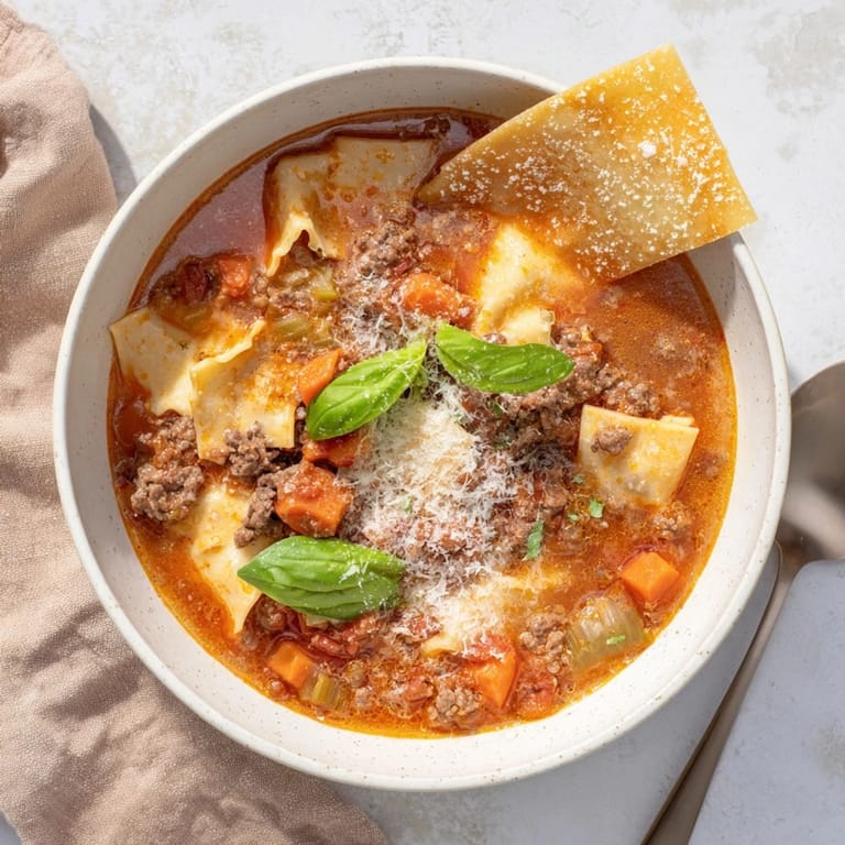 Lasagne Soup served hot with golden Parmesan chips and fragrant herbs on top.