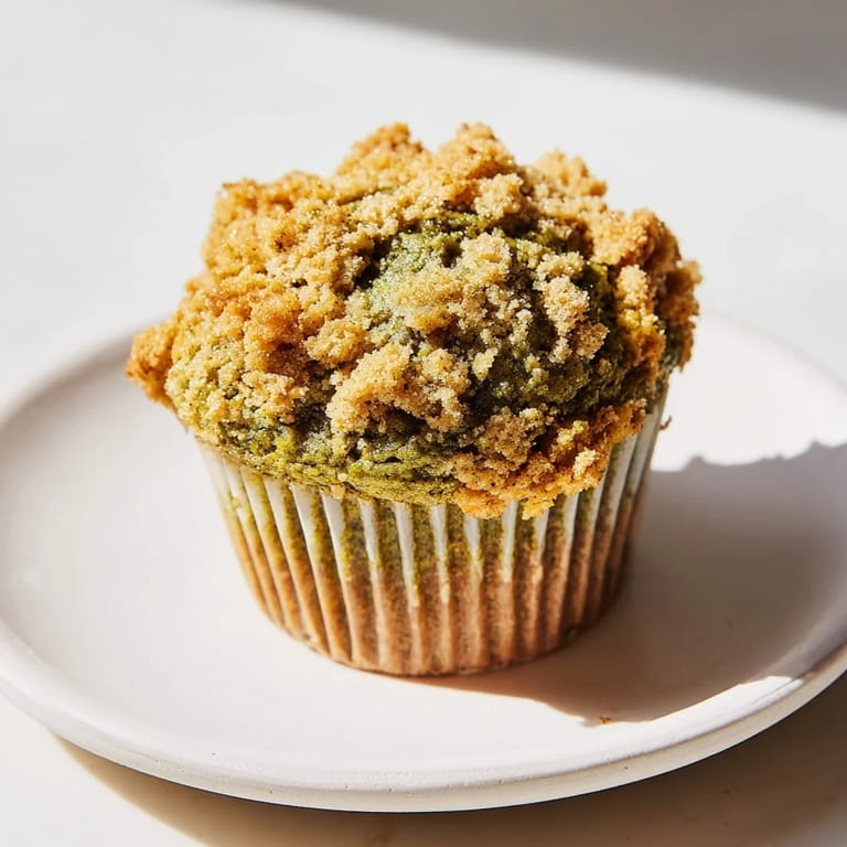Deliciously spiced Matcha Pumpkin Muffins topped with buttery streusel, invitingly golden.  