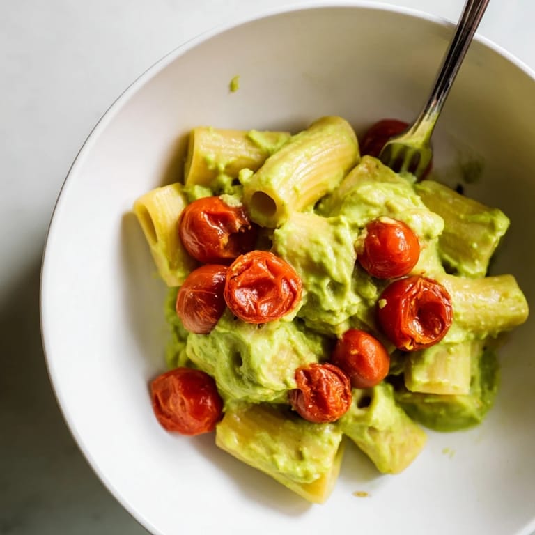 Indulge in delicious creamy avocado pasta drizzled with olive oil and garlic.