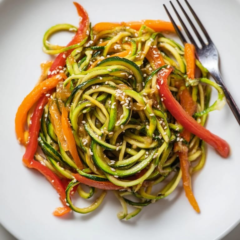 Colorful zucchini noodle stir-fry, perfect served hot with sesame seeds on top.