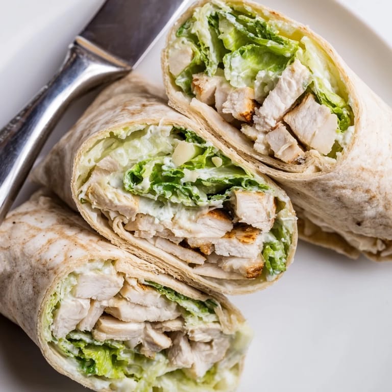 Vibrant romaine lettuce and grilled chicken peeking out of a healthy Caesar wrap.  