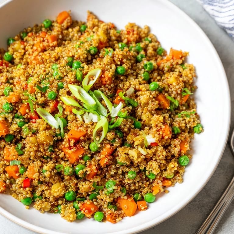 Stir-fried quinoa and mixed veggies create a nutritious Veggie Fried Quinoa meal option.  