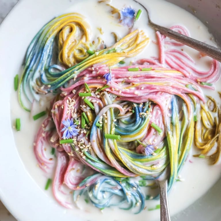 Brightly colored Neon Noodle Cloud garnished with scallions and edible flowers for vibrant presentation.  