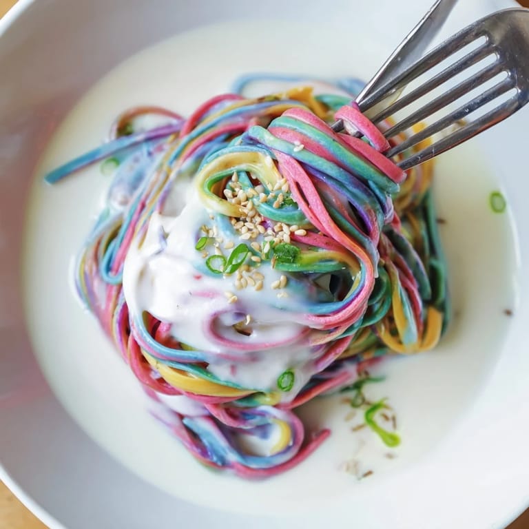 Delightful Neon Noodle Cloud with creamy sauce, ideal for kids' party meals and celebrations.