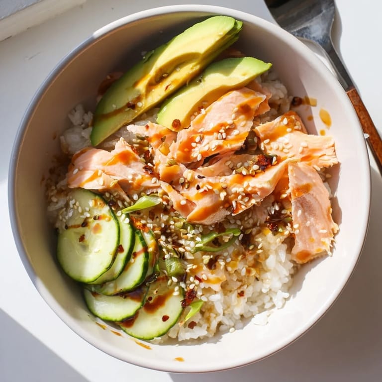 Warm and vibrant Leftover Salmon & Rice Bowl served with pickled ginger and scallions.
