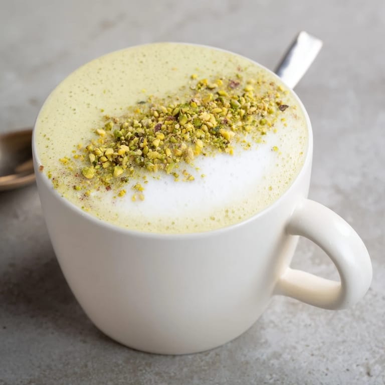 Nutty pistachio milk latte, garnished with crunchy pistachios for extra flavor.