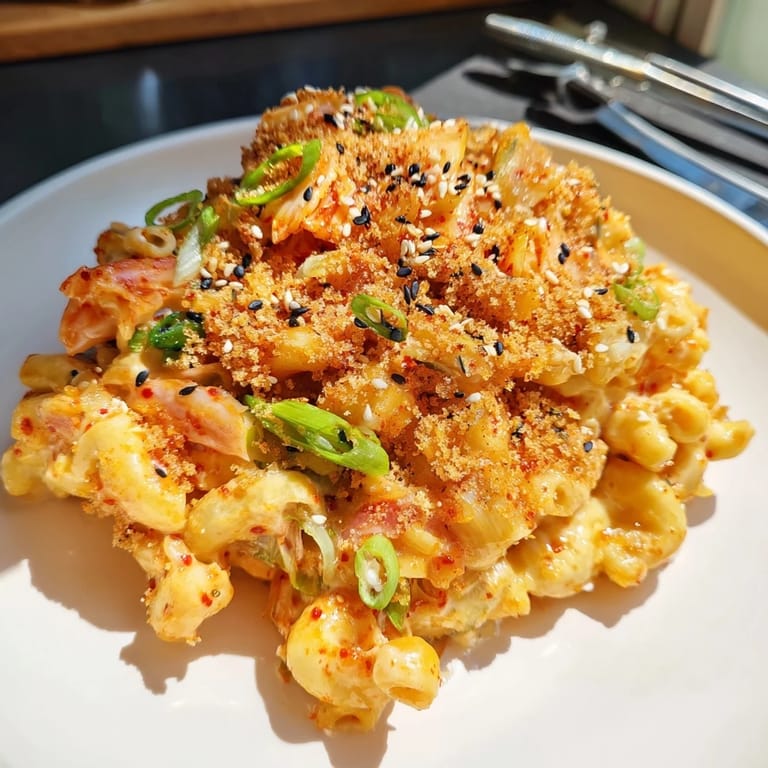 A comforting bowl of Spicy Kimchi Mac & Cheese, bursting with bold flavors.