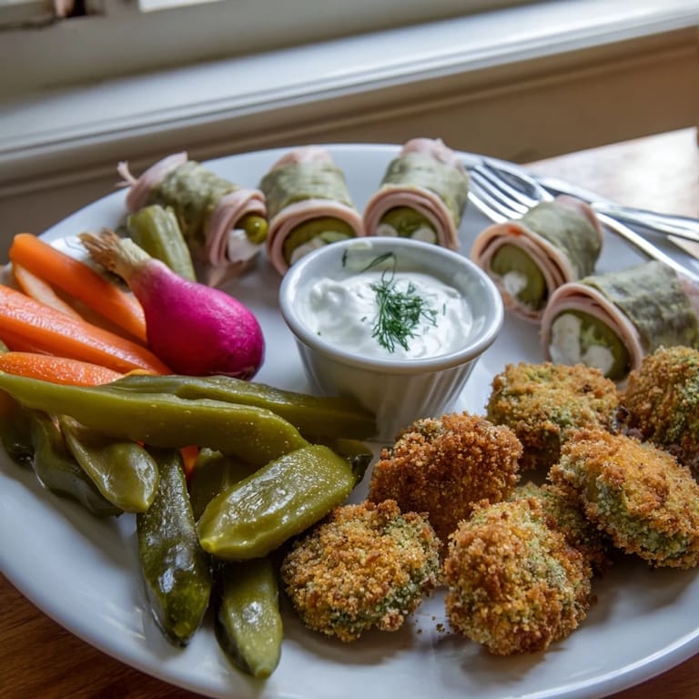 Colorful assortment of pickled vegetables complements the crispy fried pickles meal.