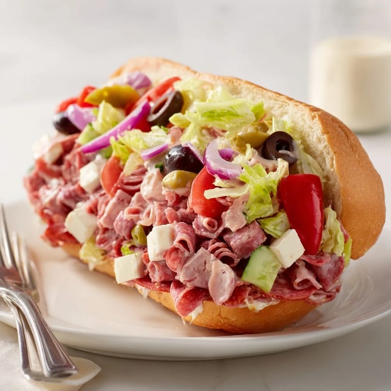 Delicious Flavor Mash-Up Sandwiches featuring layers of Italian deli meats and zesty toppings.