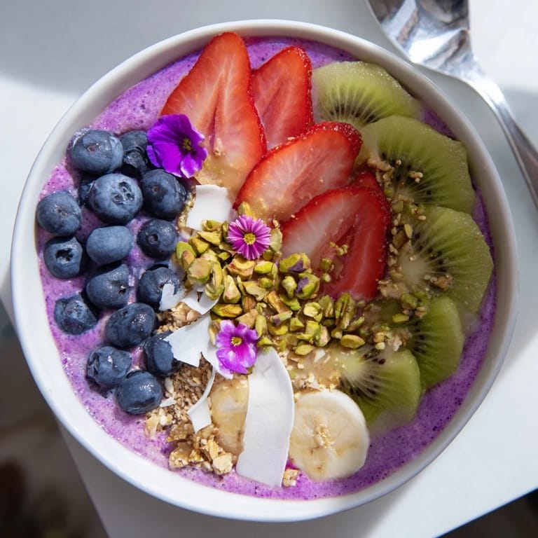 Delicious vibrant smoothie bowls with ube and granola, perfect for a nutritious start.