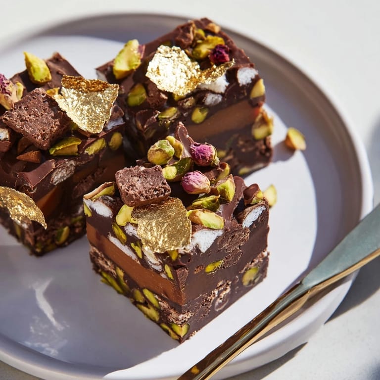 Gourmet chocolate bar inspired creations garnished with edible gold and coconut flakes.