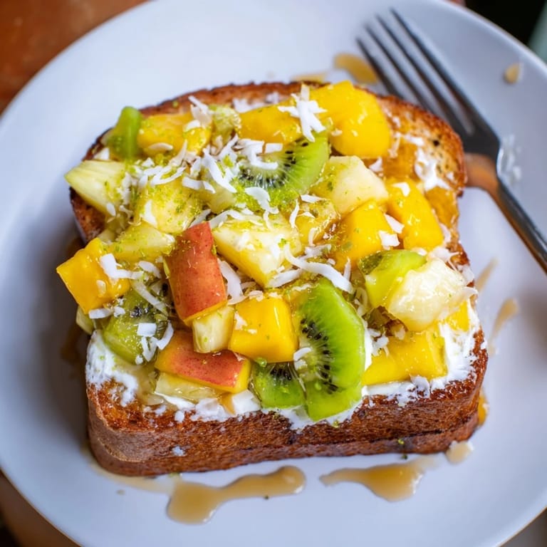 Vibrant Yogurt-Custard Toast showcases coconut yogurt and colorful, juicy fruit toppings.