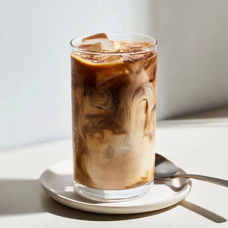 Creamy tahini iced coffee topped with almond milk, perfect for hot days.  