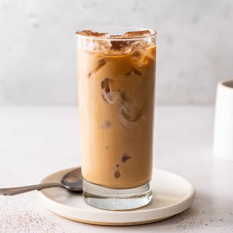 Refreshing iced coffee blended with tahini, garnished with a hint of cocoa.