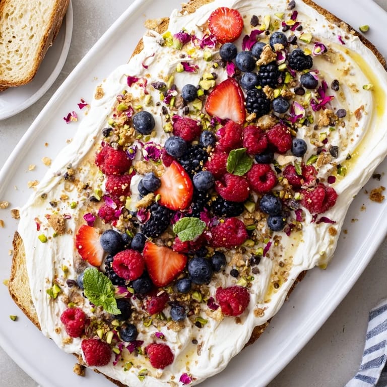 Indulgent Butter Board Dessert featuring fresh berries and drizzled honey for sharing.