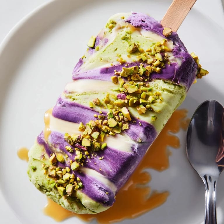 Vibrant layers of ube and pistachio ice cream bars, a refreshing dessert idea.  