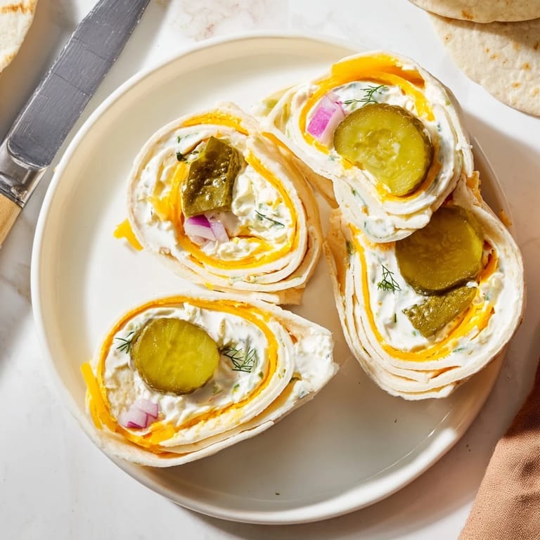 Delicious Pickle-in-a-Blanket filled with cream cheese and cheddar for a tangy bite.  