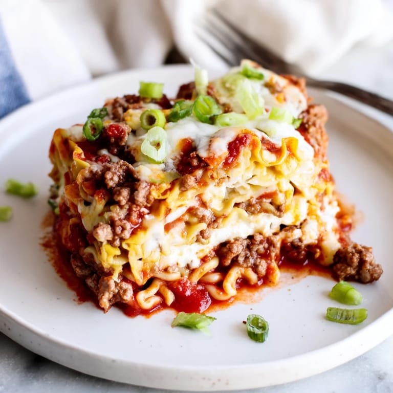An artistic serving of spicy ramen lasagna topped with green onions and rich sauce.