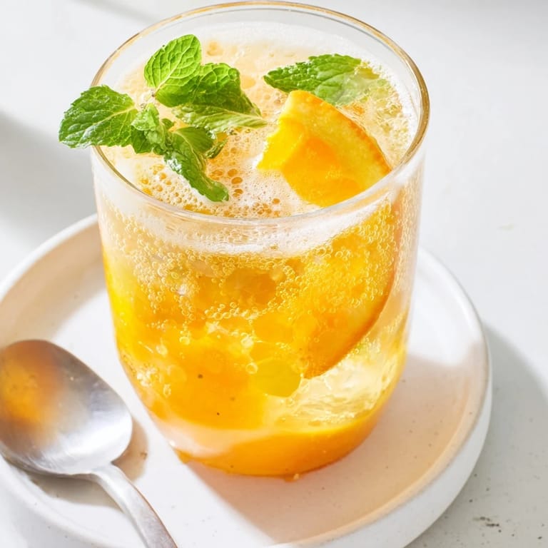 Homemade probiotic soda mocktail in a glass with ice and citrus flavors.  