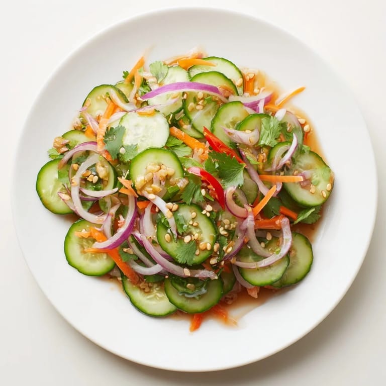 Brightly colored cucumber salad remix garnished with toasted sesame seeds and fresh cilantro.  