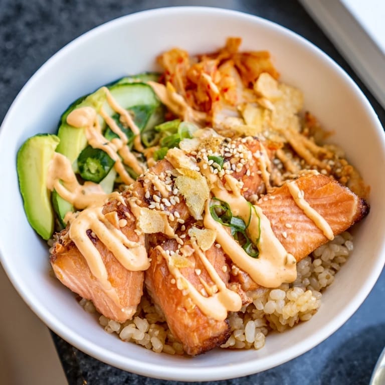Savor the flavorful Crispy Salmon Rice Bowl bursting with garlic, cucumber, and tangy toppings.