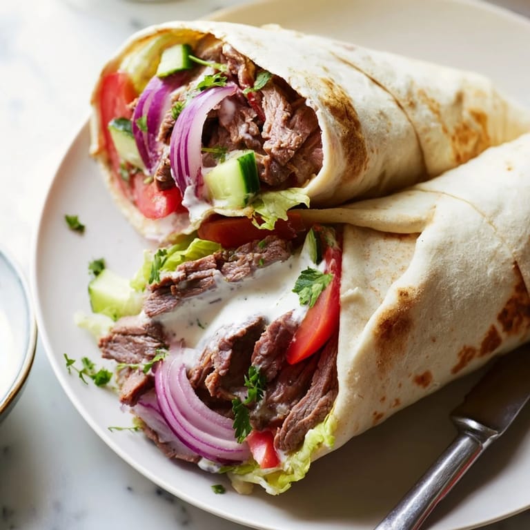 Savory beef shawarma wrapped in soft flatbread, drizzled with tangy yogurt sauce.  