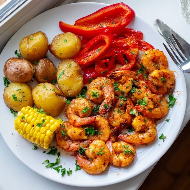 Colorful Cajun shrimp & sweet corn platter, perfect for festive gatherings or barbecues.  
