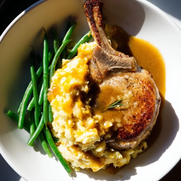 Comforting pork chops & cheddar mash bowl with rich gravy and vibrant veggies.
