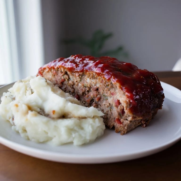 Delicious plate of Classic meatloaf and mashed potatoes, ready to be served for a satisfying family meal.