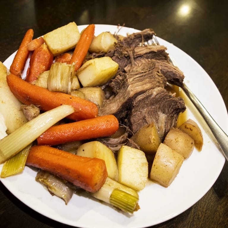 Fork-tender Sunday Pot Roast in a Dutch oven, surrounded by perfectly browned roasted carrots, onions, and potatoes.