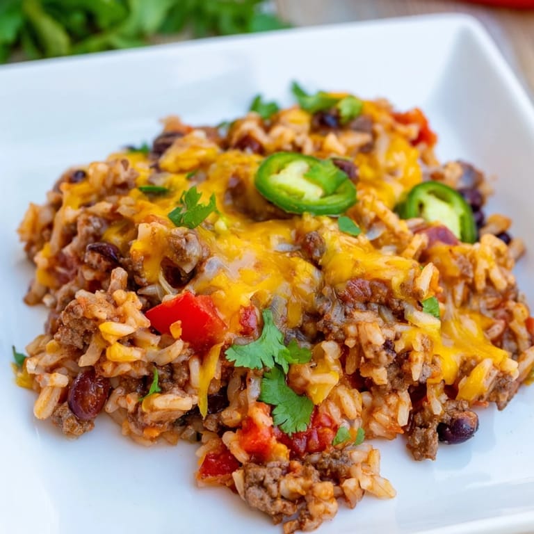 A bubbling, delicious Tex-Mex Beef & Rice Casserole topped with melted cheddar, perfect for a family dinner.